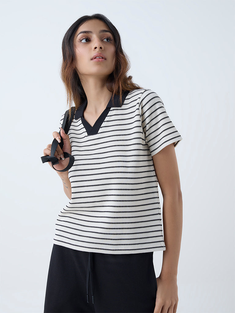 Studiofit White Striped Cotton-Blend T-Shirt