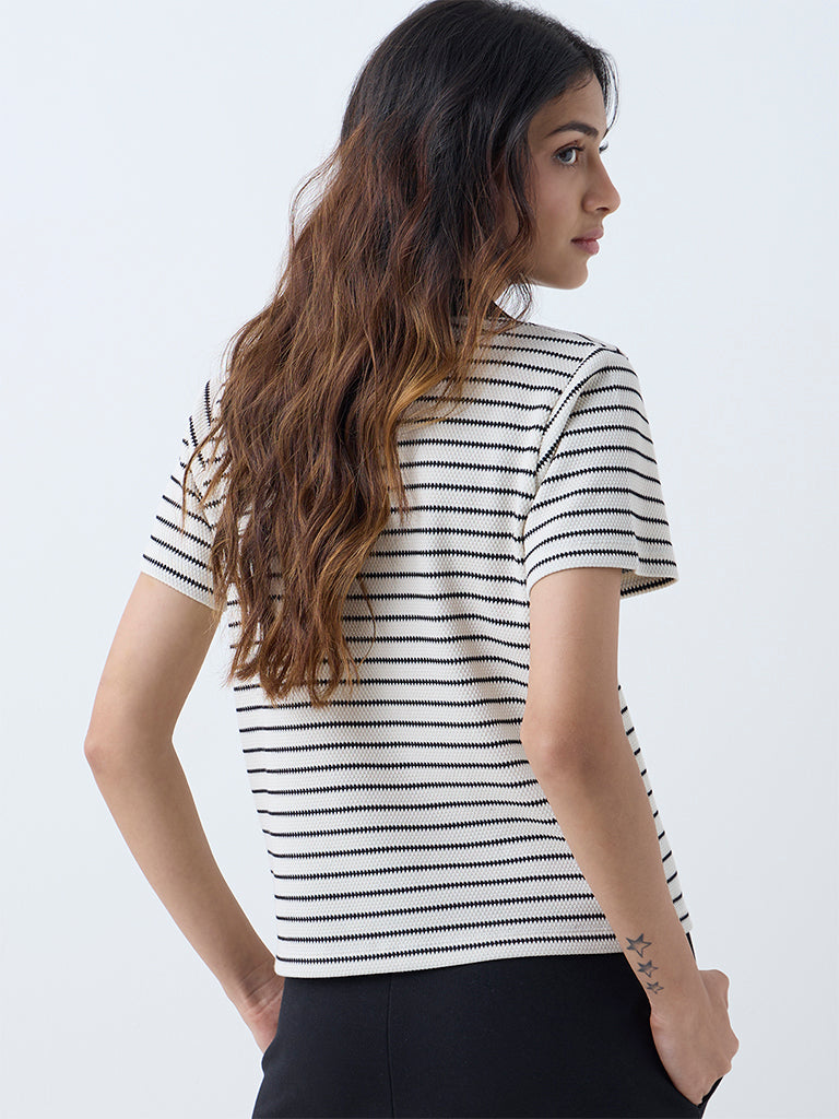 Studiofit White Striped Cotton-Blend T-Shirt