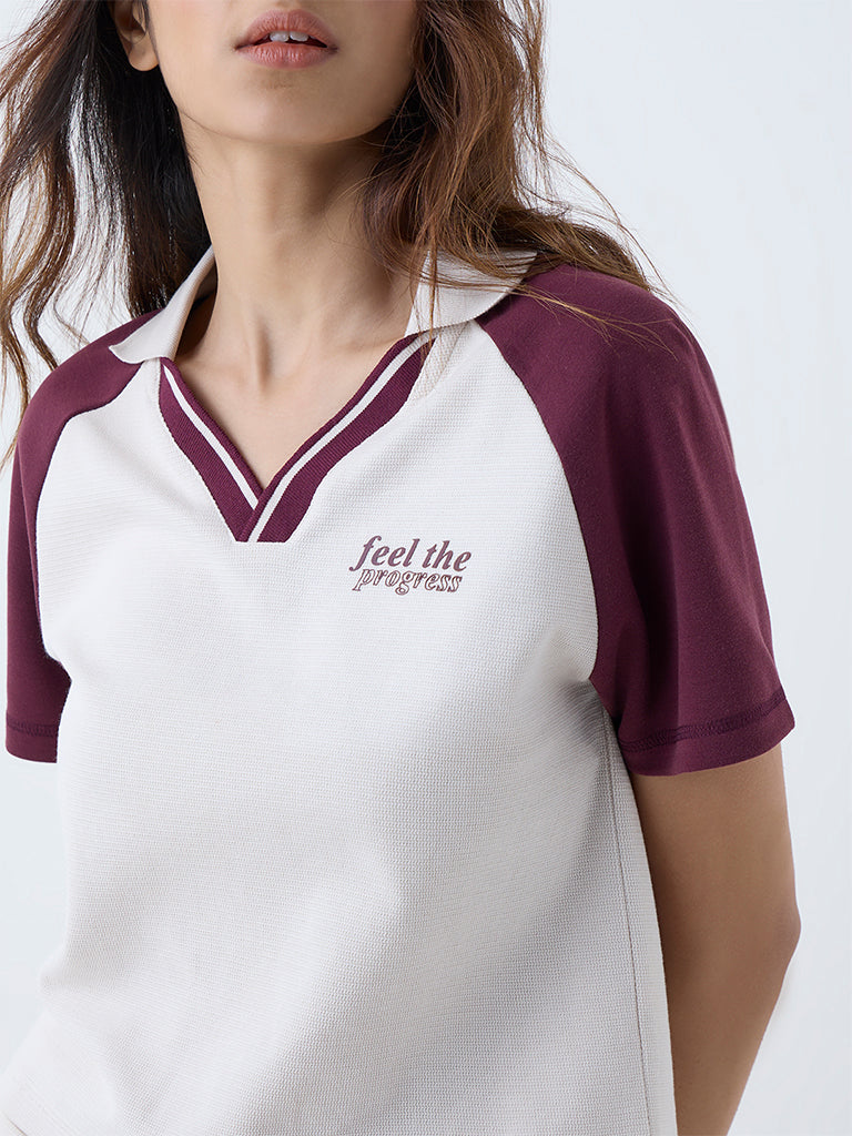 Studiofit Cream Colour-Blocked Cotton-Blend T-Shirt