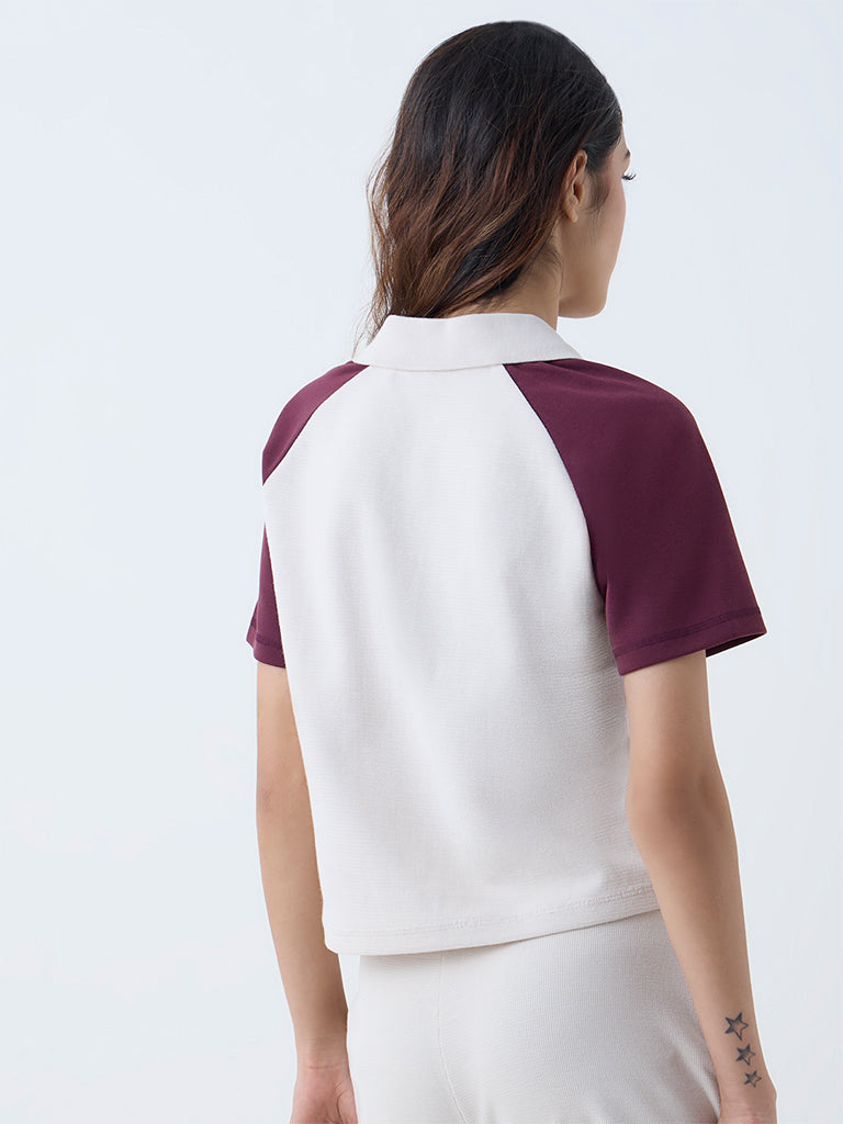 Studiofit Cream Colour-Blocked Cotton-Blend T-Shirt