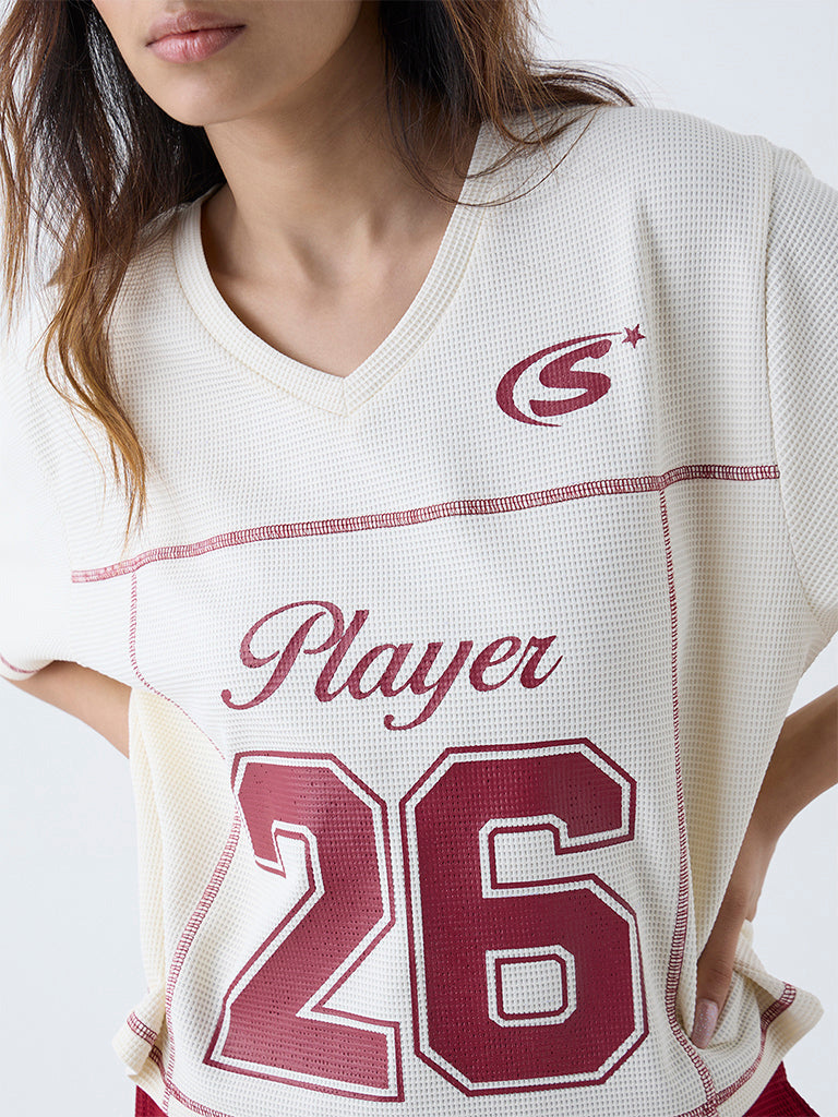 Studiofit Cream Waffle-Textured T-Shirt
