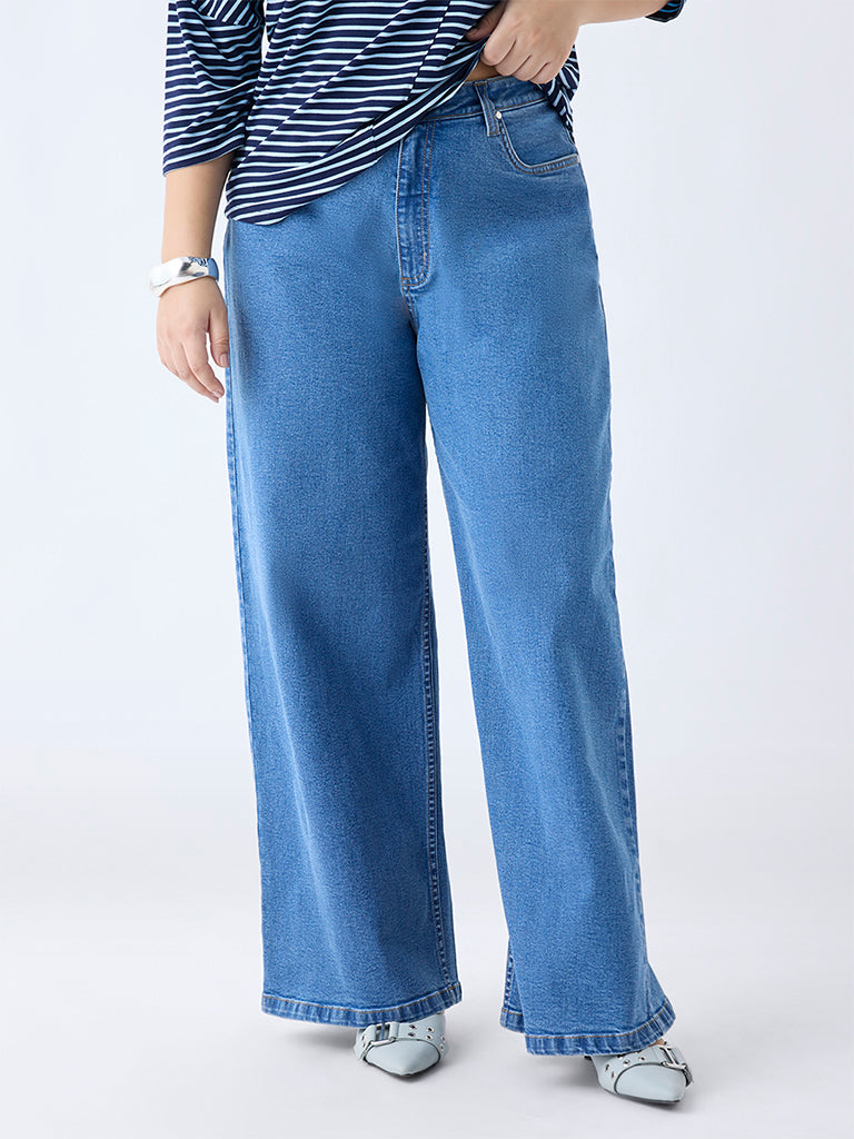 Gia Blue Washed Wide-Leg High-Rise Jeans
