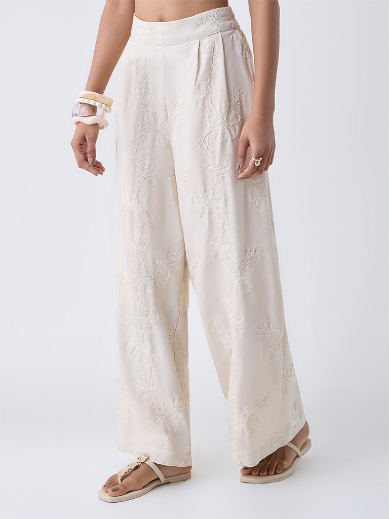 LOV Off-White Floral Embroidered High-Rise Trousers