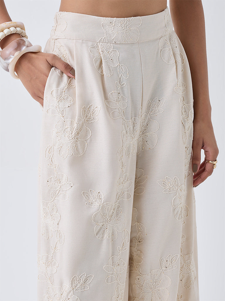 LOV Off-White Floral Embroidered High-Rise Trousers