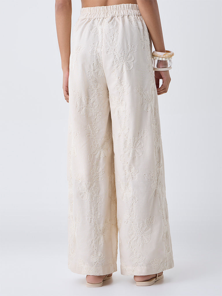 LOV Off-White Floral Embroidered High-Rise Trousers