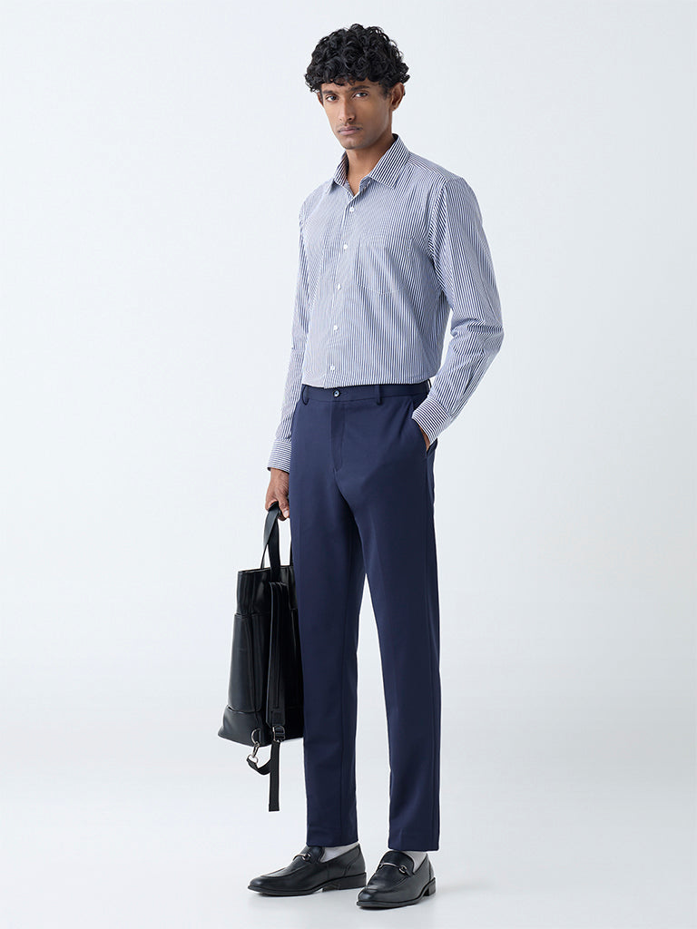 WES Formals Navy Striped Slim-Fit Cotton Shirt