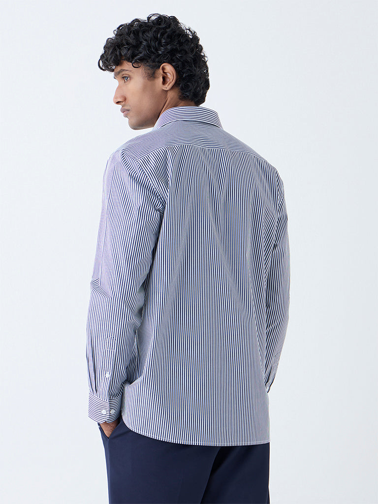 WES Formals Navy Striped Slim-Fit Cotton Shirt