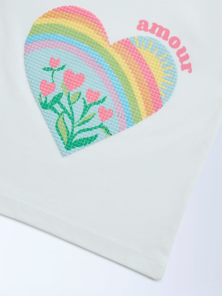 HOP Kids White Heart Printed Cotton T-Shirt