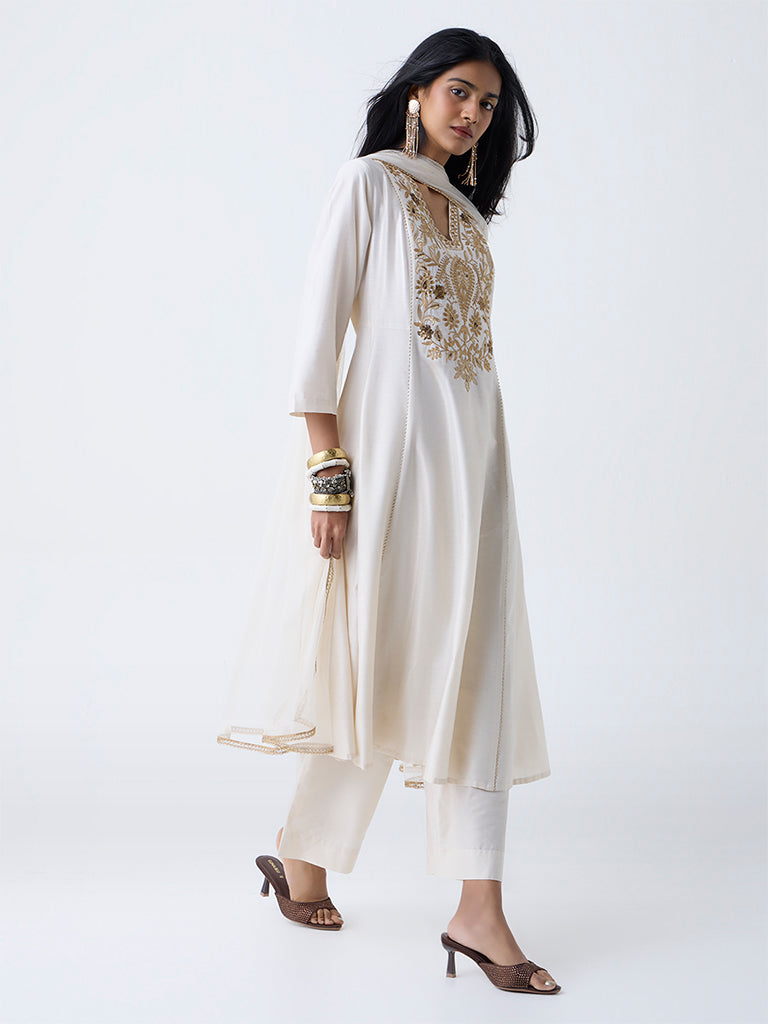 Vark White Embroidered Anarkali Ethnic Set