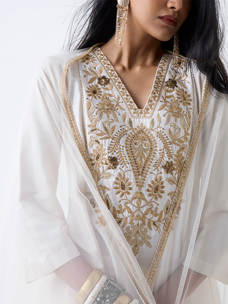 Vark White Embroidered Anarkali Ethnic Set