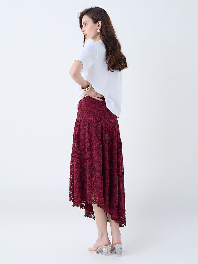LOV Burgundy Floral Lace Detailed High-Rise Skirt