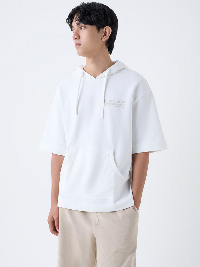 Studiofit White Relaxed-Fit Cotton-Blend Hoodie