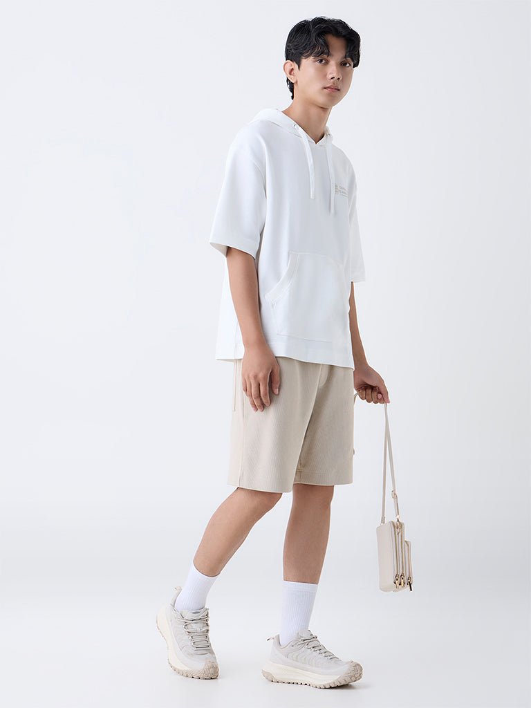 Studiofit White Relaxed-Fit Cotton-Blend Hoodie