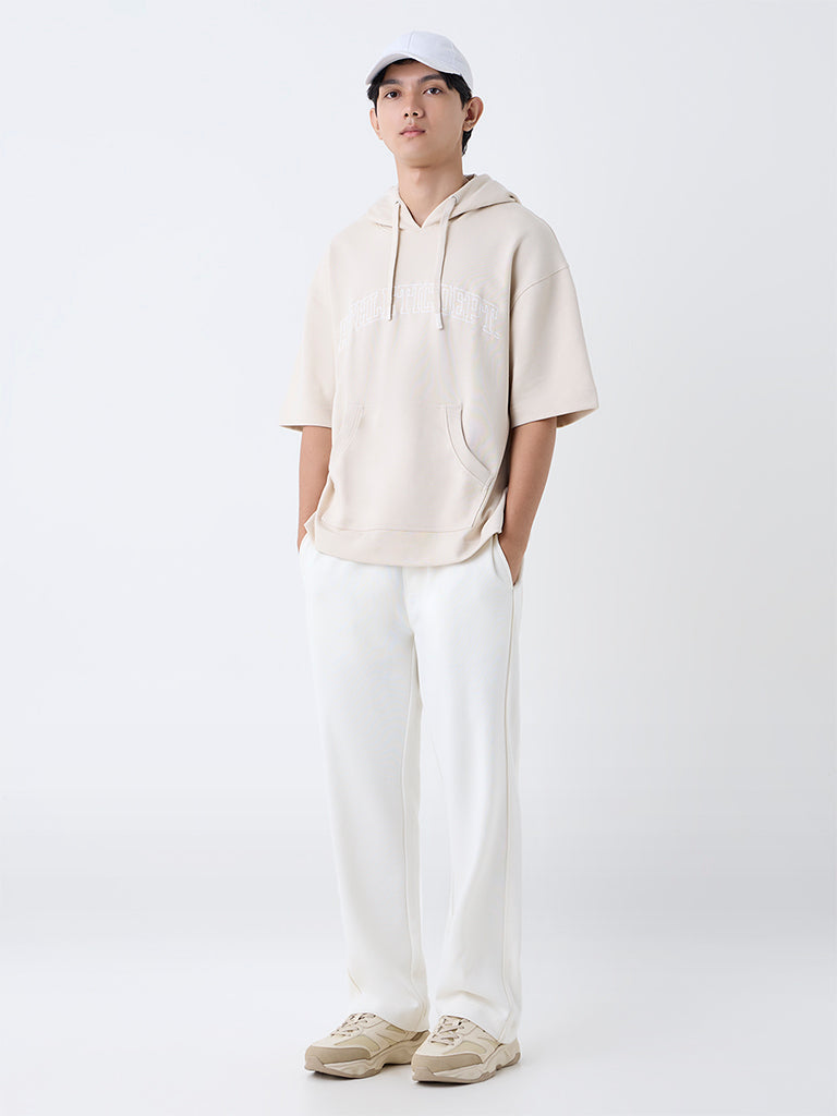 Studiofit Beige Relaxed-Fit Cotton-Blend Hoodie