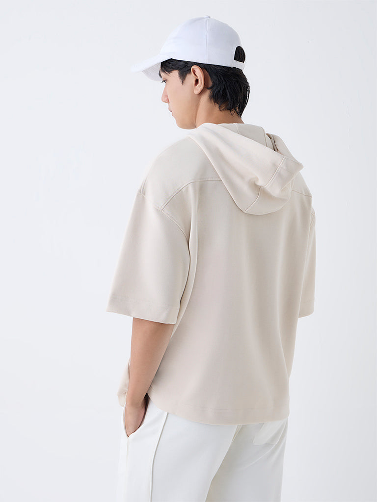 Studiofit Beige Relaxed-Fit Cotton-Blend Hoodie