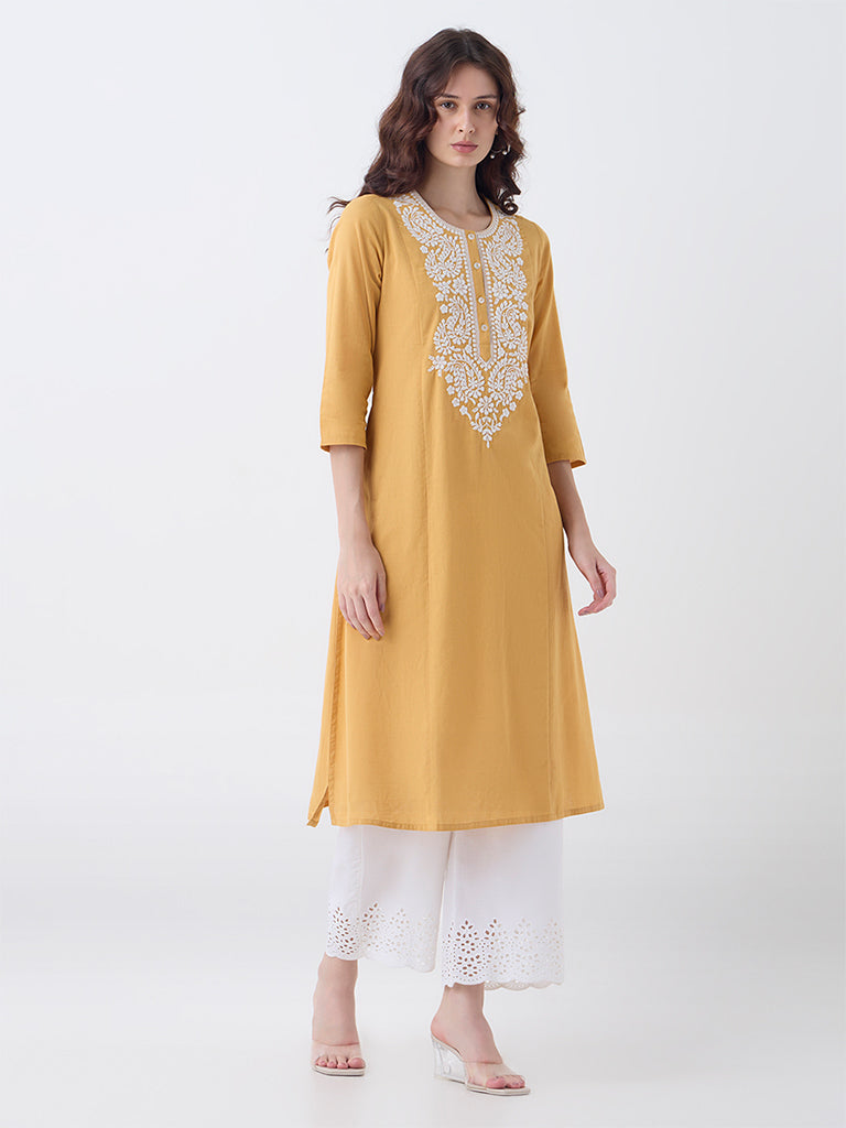 Utsa Mustard Paisley Embroidered Cotton-Blend A-Line Kurta