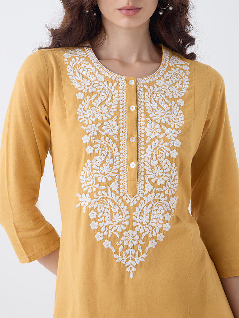 Utsa Mustard Paisley Embroidered Cotton-Blend A-Line Kurta