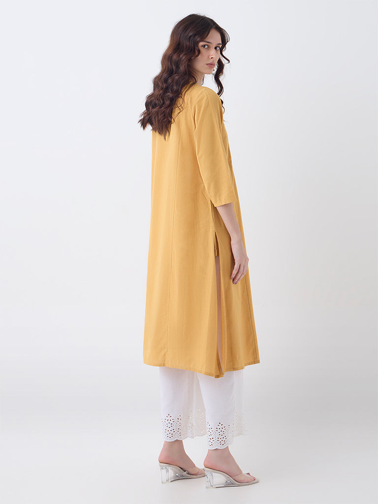 Utsa Mustard Paisley Embroidered Cotton-Blend A-Line Kurta