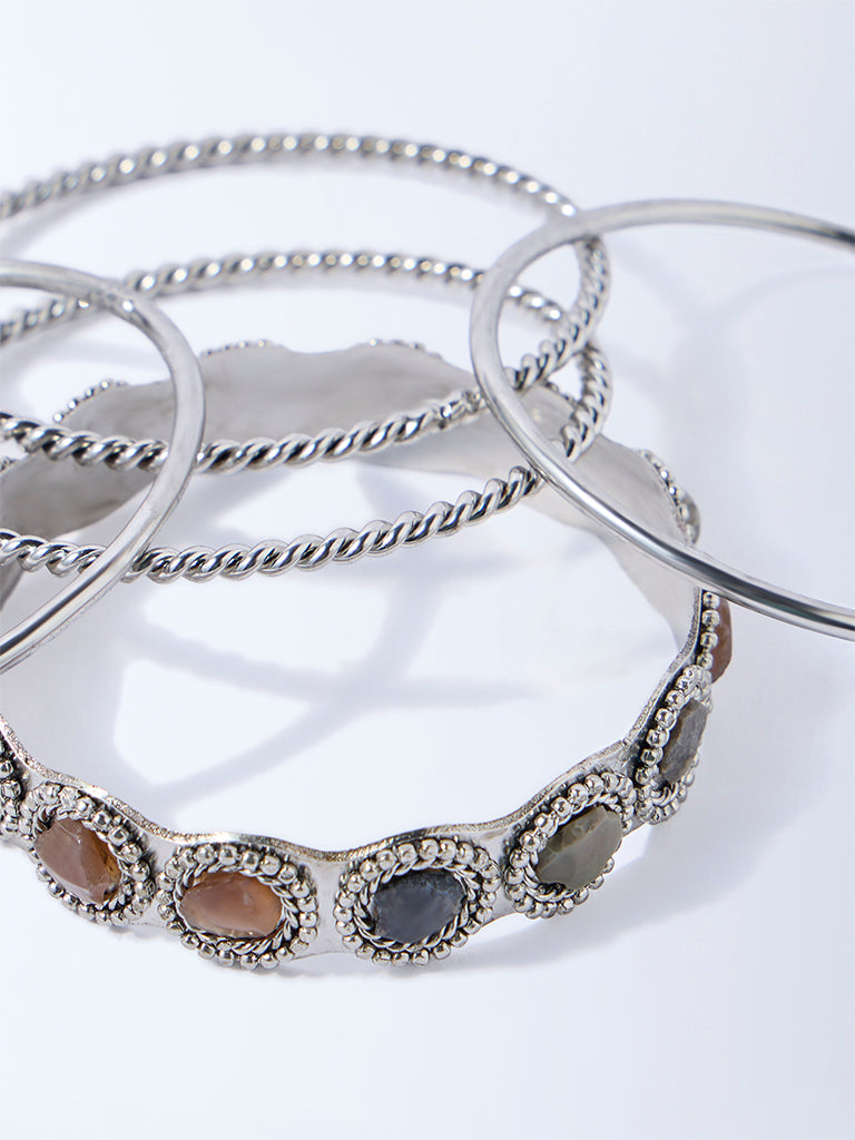 Westside Accessories Silver Gemstone-Detailed Bangles Set - Pack of 5