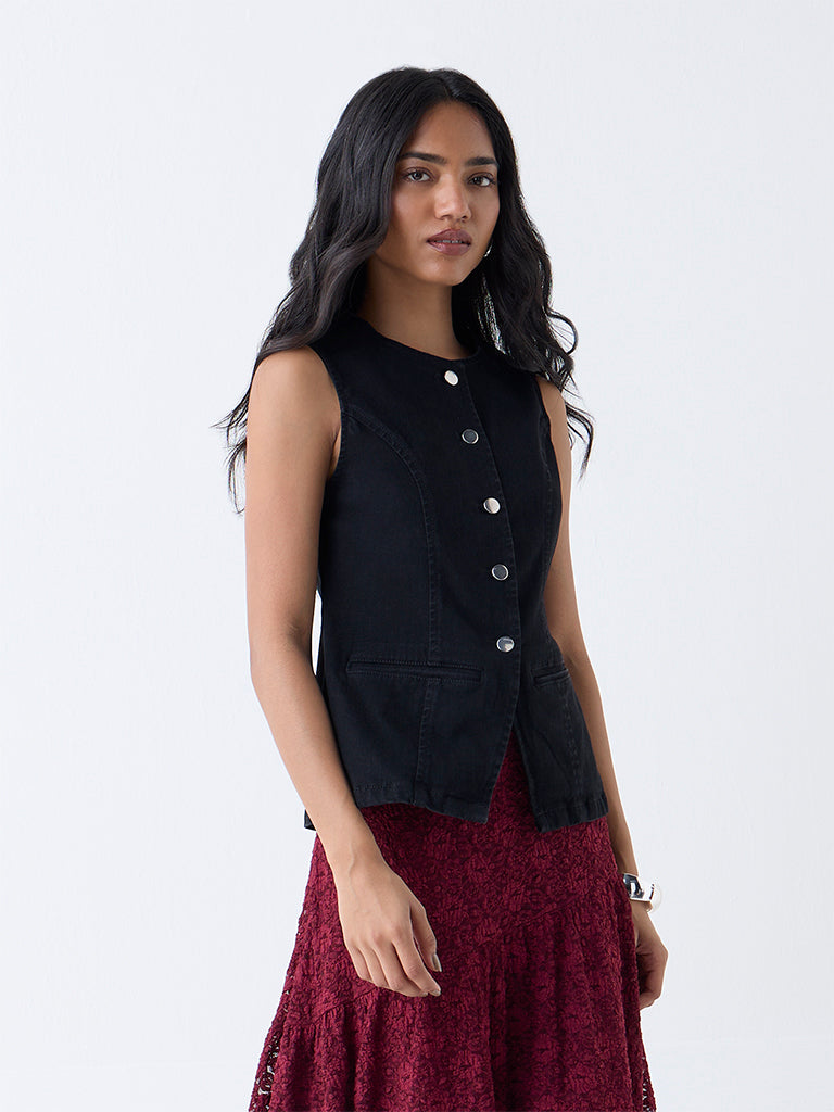 LOV Black Solid Denim Waistcoat