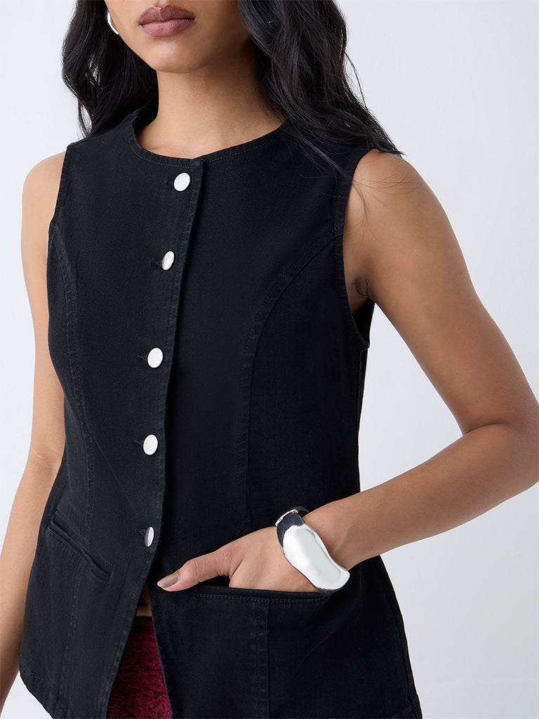 LOV Black Solid Denim Waistcoat