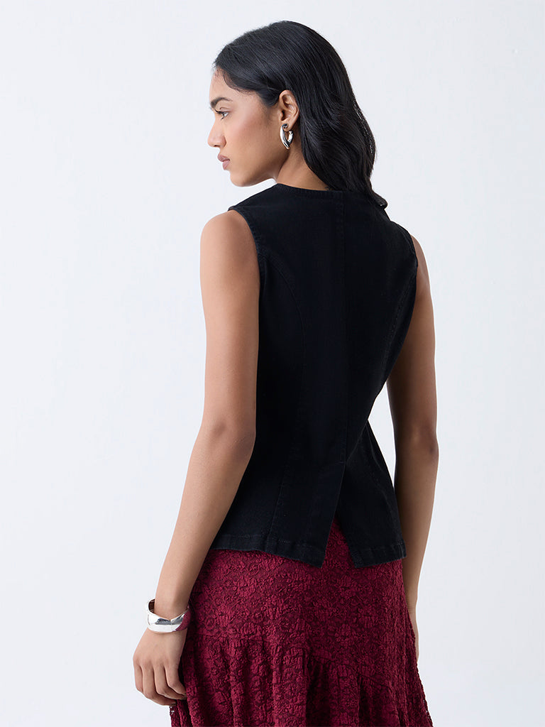 LOV Black Solid Denim Waistcoat