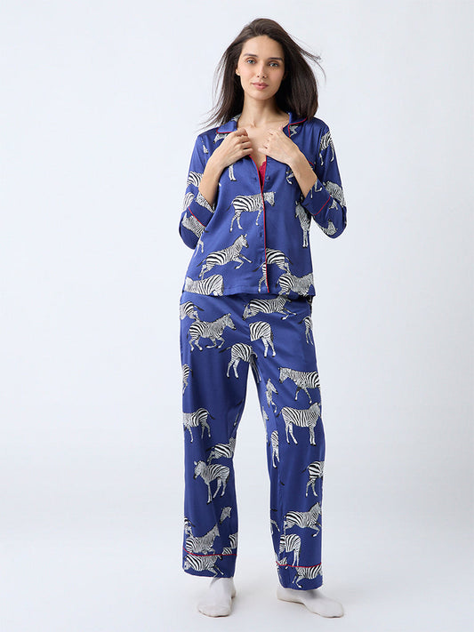 Wunderlove Navy Animal Pattern Shirt and Pyjamas Set