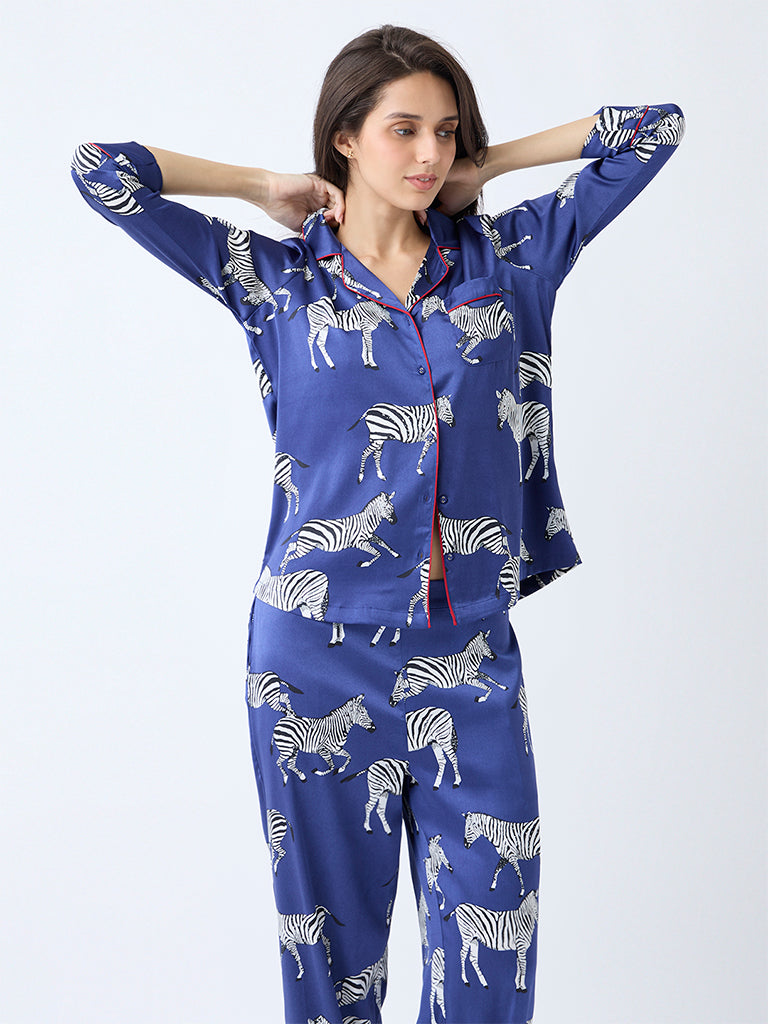 Wunderlove Navy Animal Pattern Shirt and Pyjamas Set