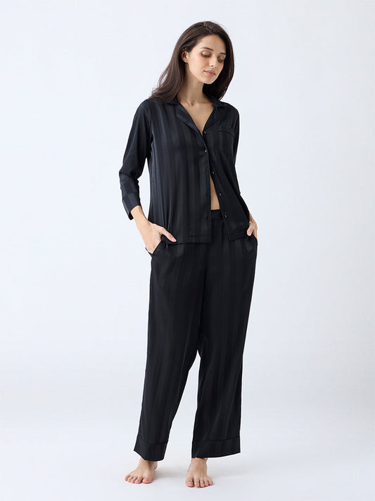 Wunderlove Black Self-Striped Shirt and Pyjamas Set