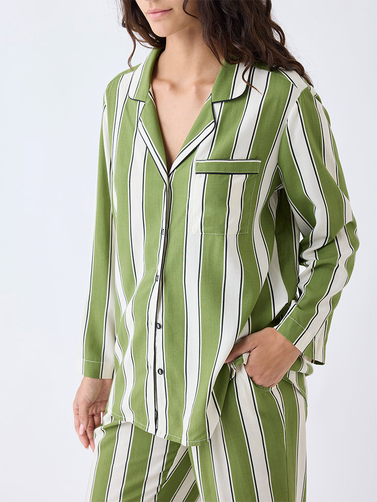Wunderlove Green Pattern Cotton Shirt and Pyjamas Set