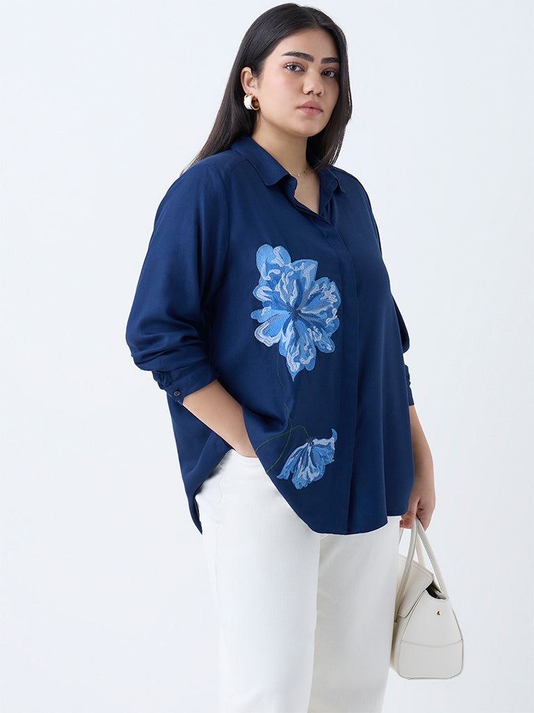 Gia Dark Blue Floral Embroidered Shirt