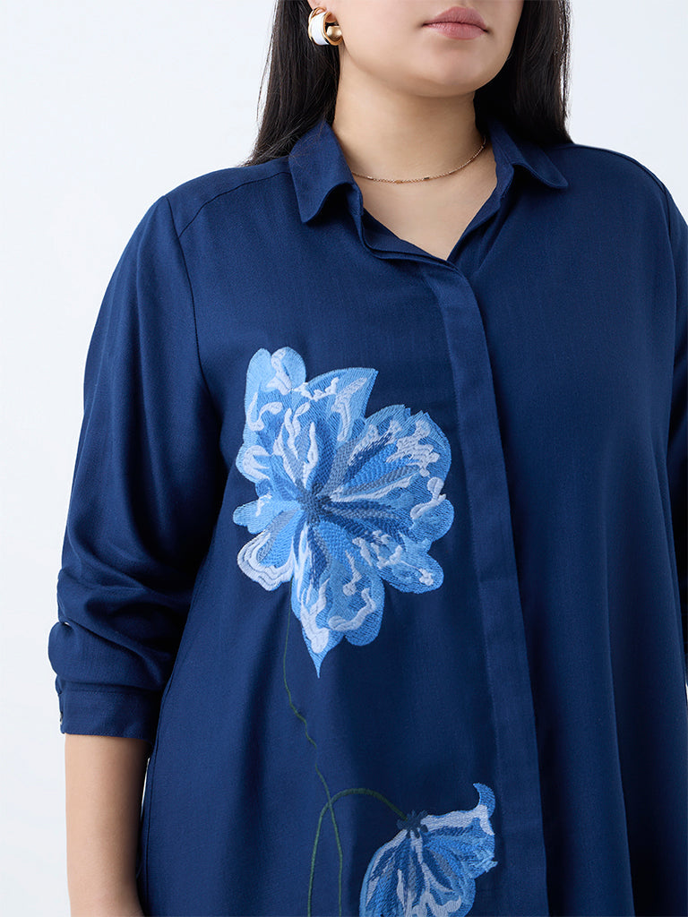 Gia Dark Blue Floral Embroidered Shirt