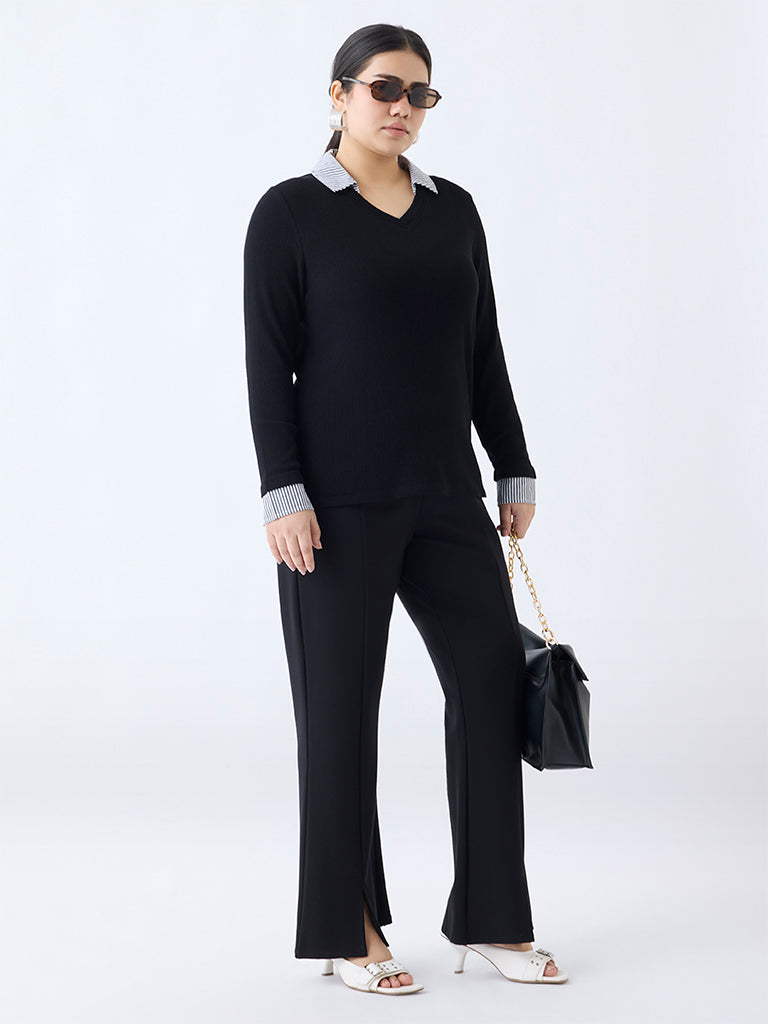 Gia Black Ribbed-Textured T-Shirt
