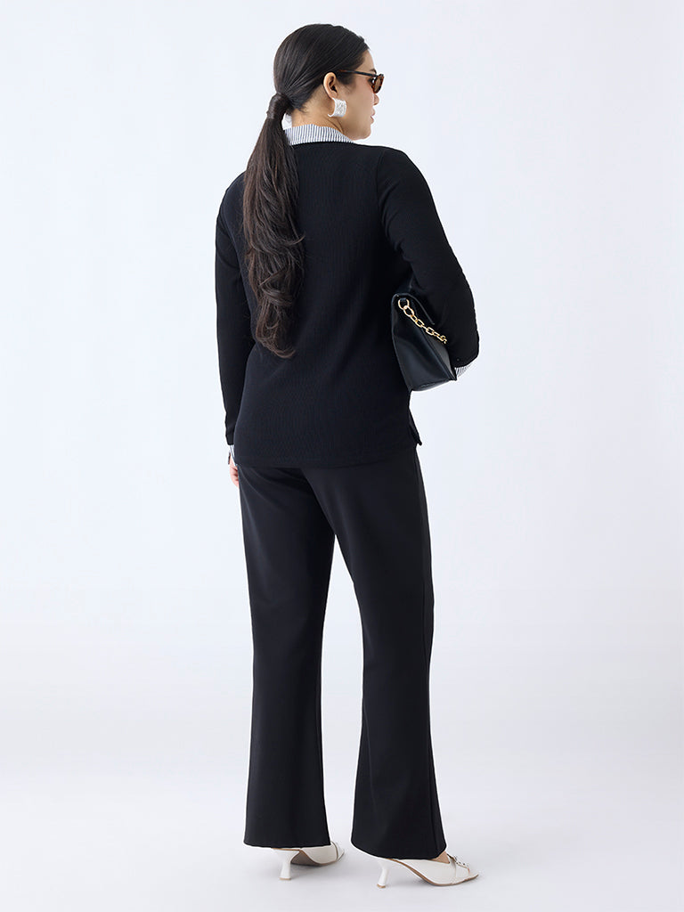 Gia Black Ribbed-Textured T-Shirt