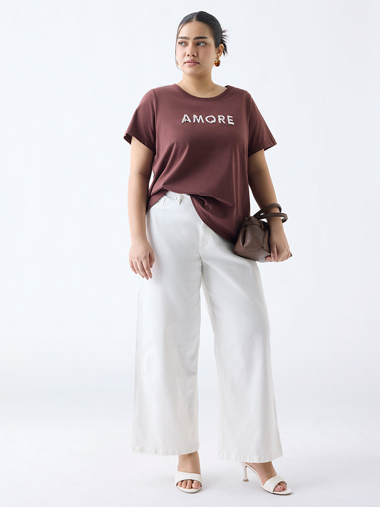 Gia Brown Typographic Cotton T-Shirt