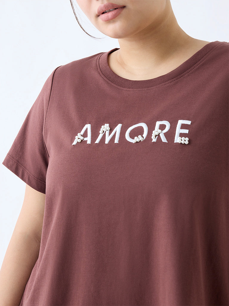 Gia Brown Typographic Cotton T-Shirt