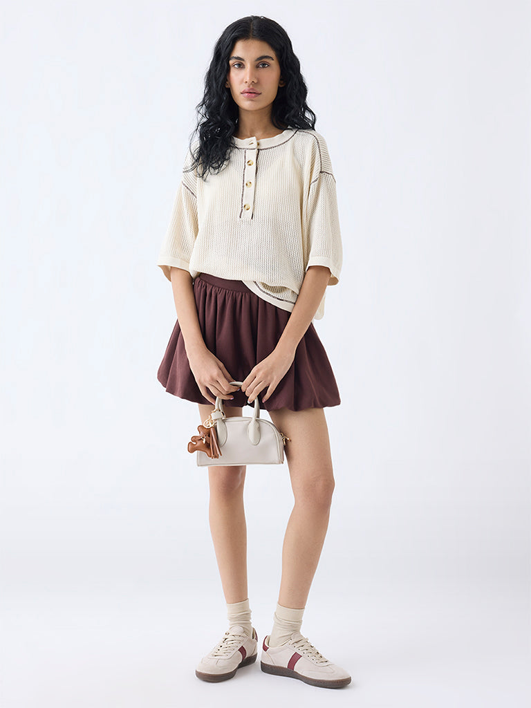 Studiofit Cream Crochet Detailed Cotton T-Shirt