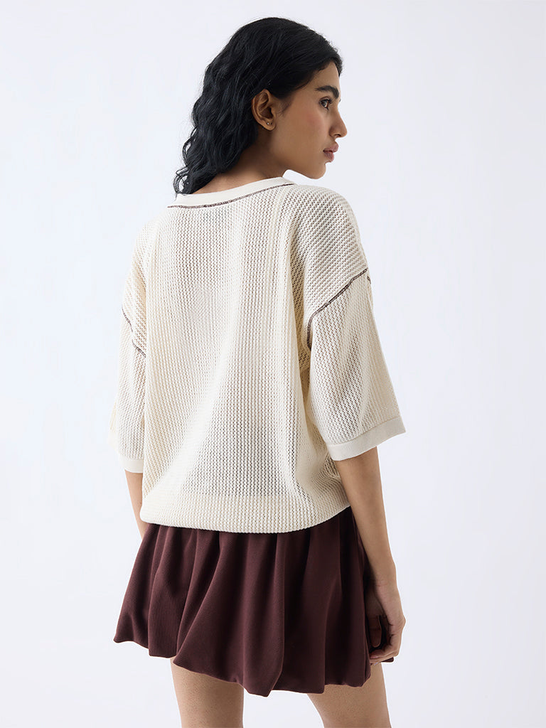 Studiofit Cream Crochet Detailed Cotton T-Shirt