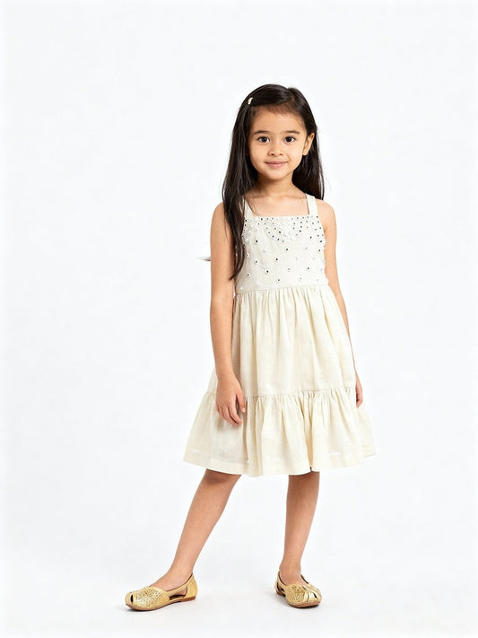 Utsa Kids Off-White Mirror-Work Detailed Cotton Tiered Dress - (2-8yrs)