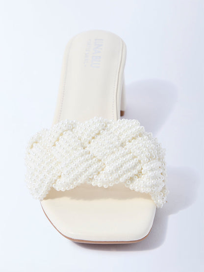 LUNA BLU White Pearlescent Block Heel Sandals