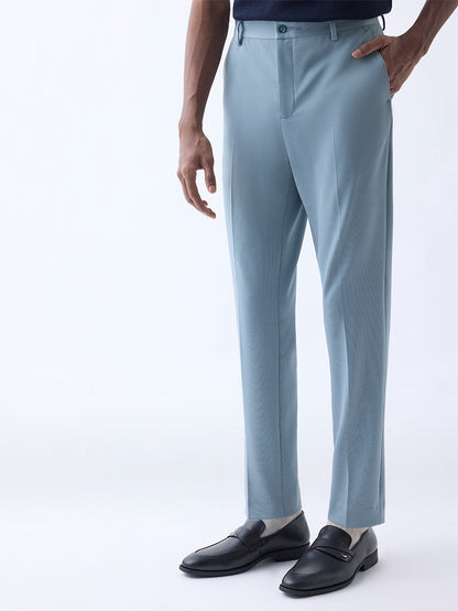 WES Formals Light Teal Slim-Tapered Fit Mid-Rise Trousers
