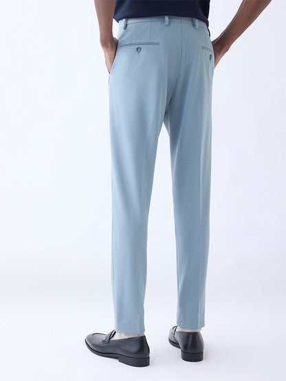 WES Formals Light Teal Slim-Tapered Fit Mid-Rise Trousers
