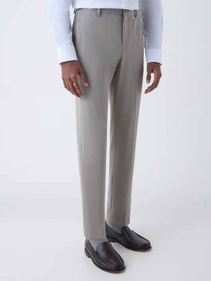 WES Formals Taupe Solid Slim-Tapered Fit Mid-Rise Trousers