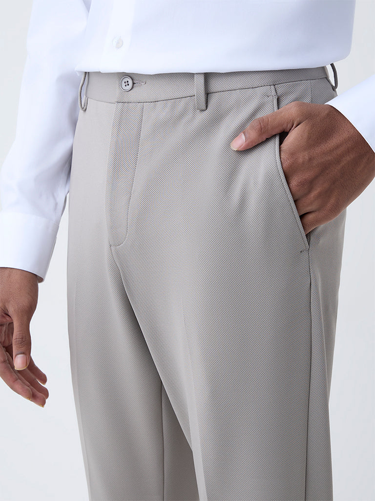 WES Formals Taupe Solid Slim-Tapered Fit Mid-Rise Trousers