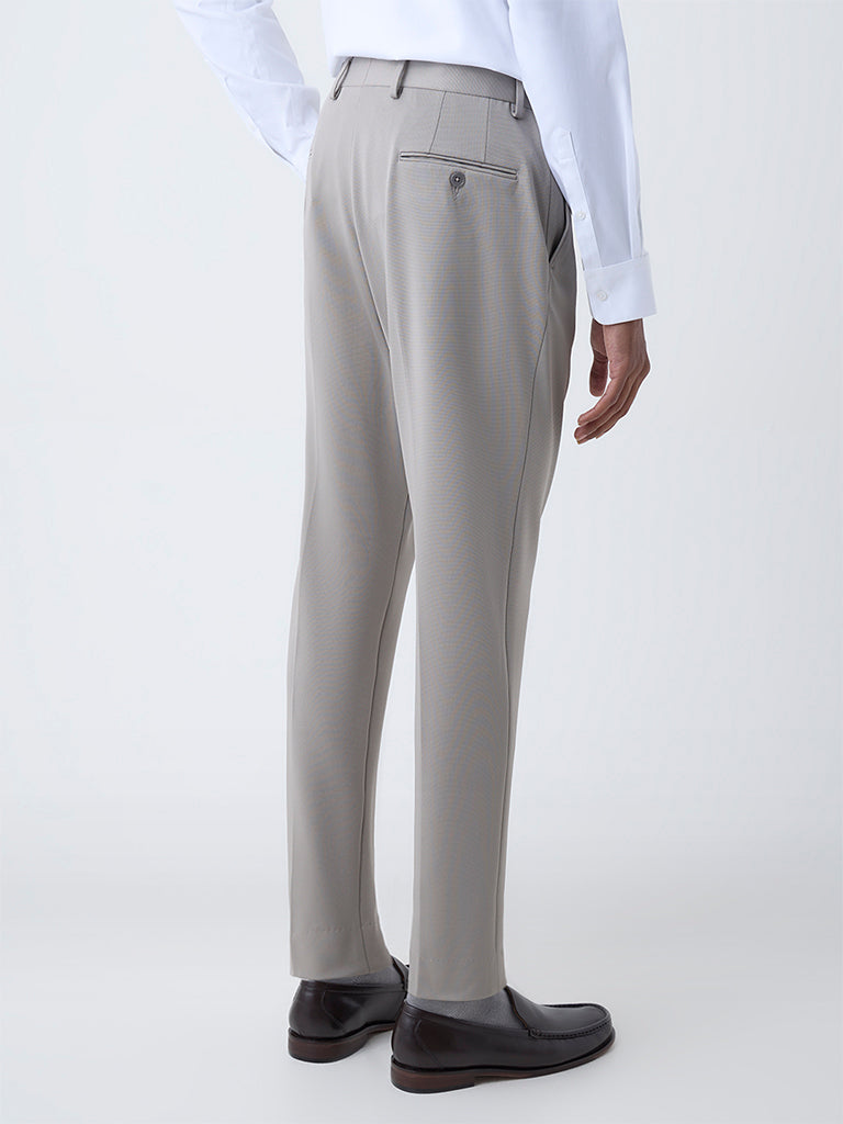WES Formals Taupe Solid Slim-Tapered Fit Mid-Rise Trousers