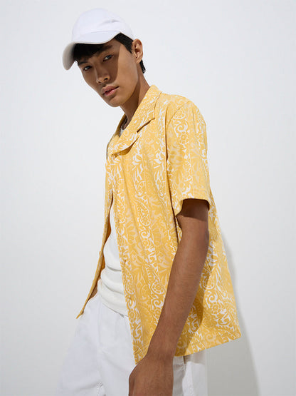 Nuon Yellow Paisley Design Relaxed-Fit Cotton-Blend Shirt