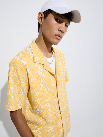 Nuon Yellow Paisley Design Relaxed-Fit Cotton-Blend Shirt