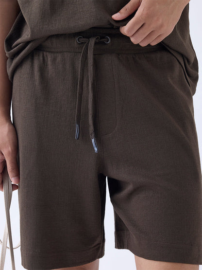Studiofit Brown Solid Relaxed-Fit Mid-Rise Shorts