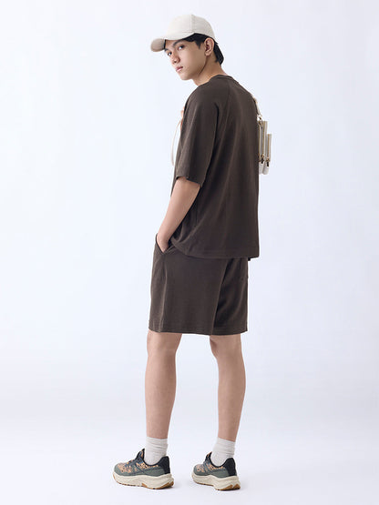 Studiofit Brown Solid Relaxed-Fit Mid-Rise Shorts