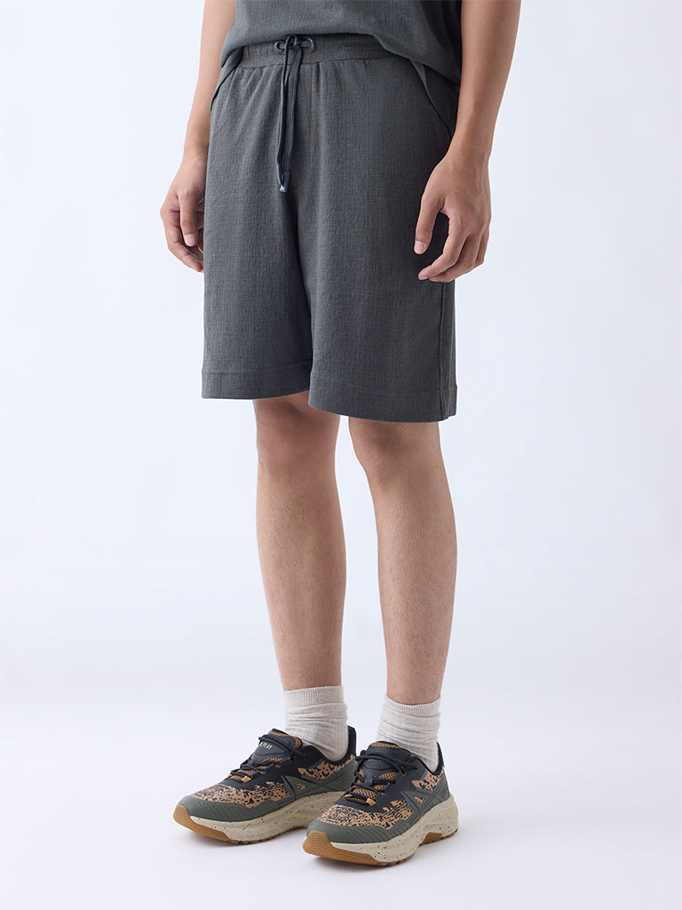 Studiofit Dark Grey Relaxed-Fit Mid-Rise Cotton-Blend Shorts